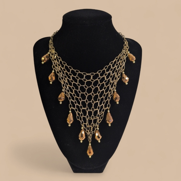 Vintage Statement Bib Necklace Gold Chain Mesh with Amber Faceted Teardrop Beads - Picture 8 of 10